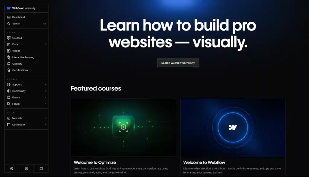 Webflow screenshot that says "Learn How To Build Pro Websites - Visually"