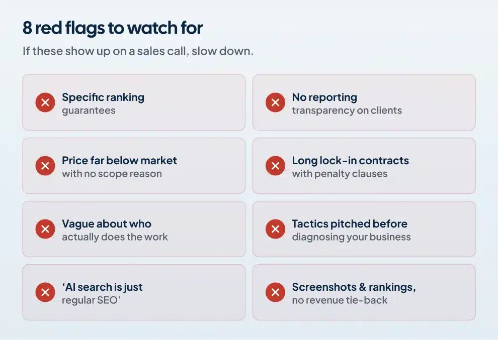 Checklist of eight red flags to watch for when evaluating an SEO agency on a sales call
