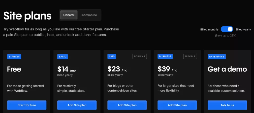Webflow screenshot showing pricing for site plans