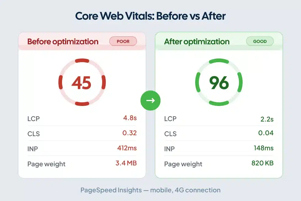 Core Web Vitals score comparison showing LCP improvement from 4.8 to 2.2 seconds after optimization