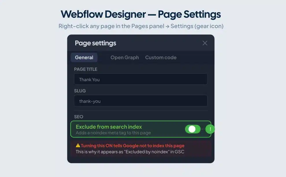 Webflow page settings noindex toggle in designer