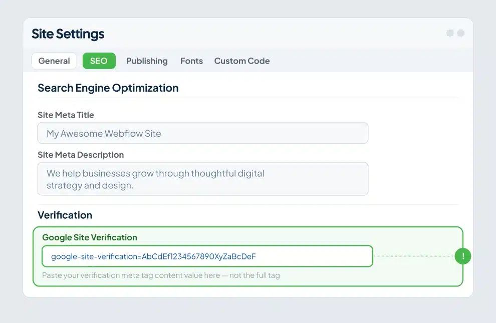 Webflow site settings SEO tab with Google site verification field highlighted