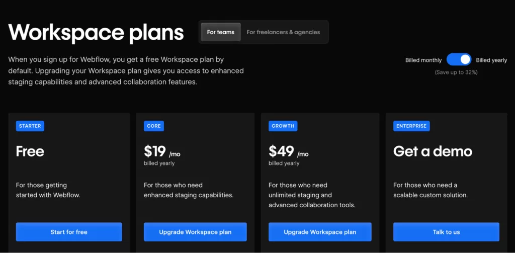 Webflow Workspace plans screenshot