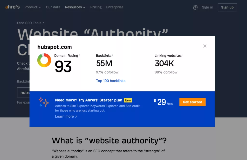 Screenshot showing the Ahrefs authority checker in use, with hubspot.com receiving a score of 93.