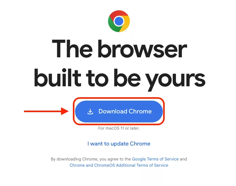 Screenshot showing the “Download Chrome” button on the Google Chrome Landing Page.