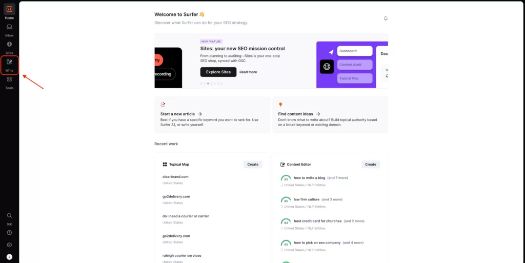 A screenshot showing how to create a new content editor in SurferSEO
