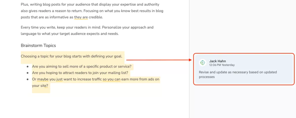 Screenshot showing an example of a comment left in Google Docs.