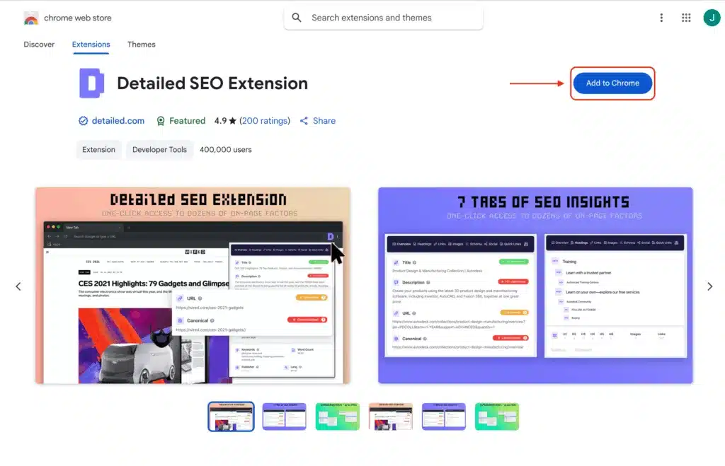 Screenshot showing where to click to download the Detailed SEO Extension.