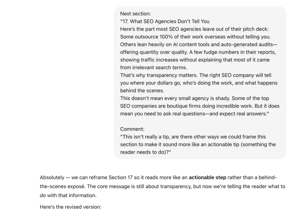 Screenshot showing what it looks like when you provide comments from Google Docs to ChatGPT
