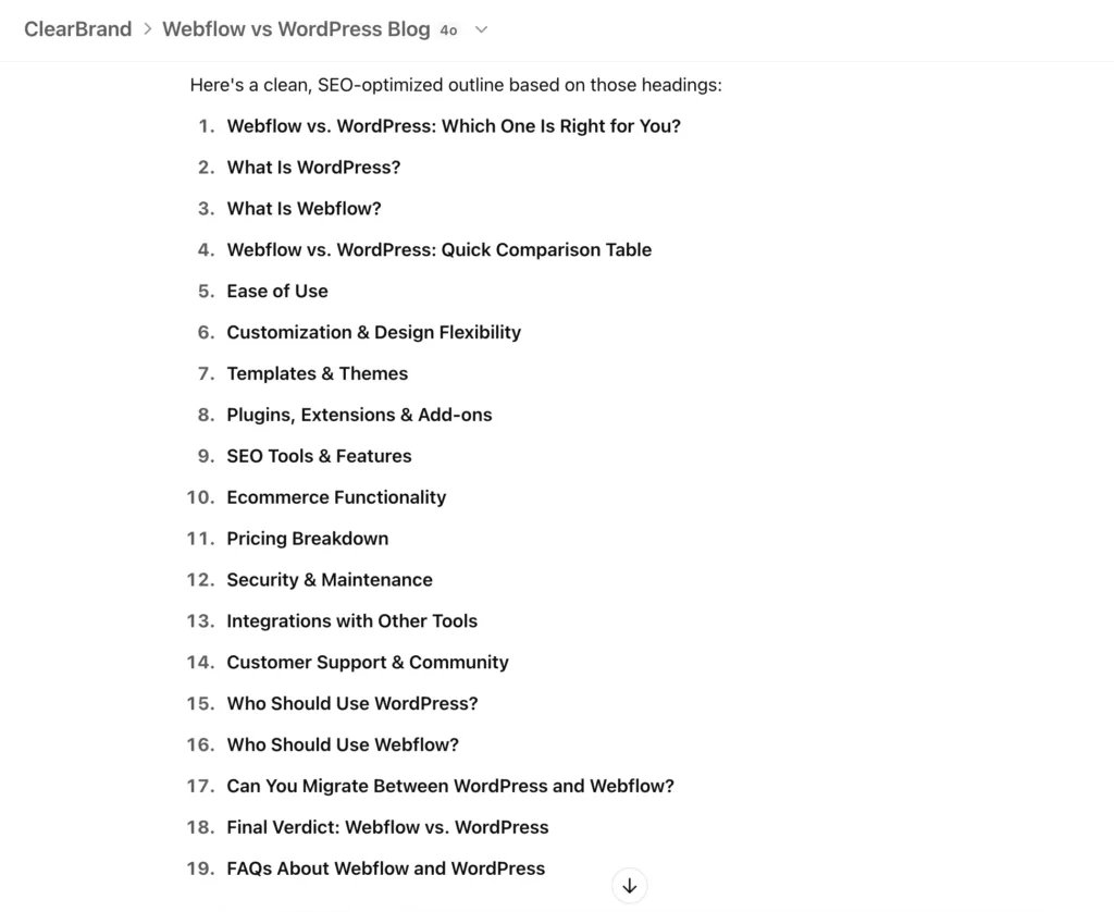 Proposed outline screenshot showing suggestions from ChatGPT