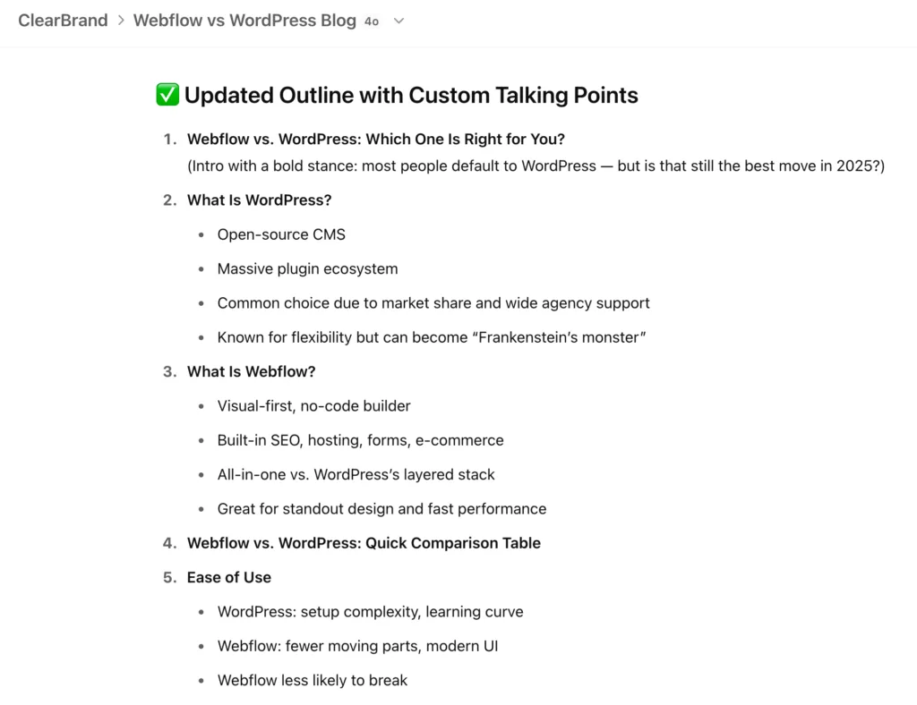 Screenshot showing GPT’s first attempt at filling in headings with bullet points