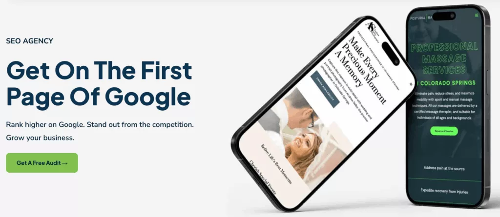 Screenshot showing ClearBrand's SEO Agency landing page with a headline that says "get on the first page of Google"