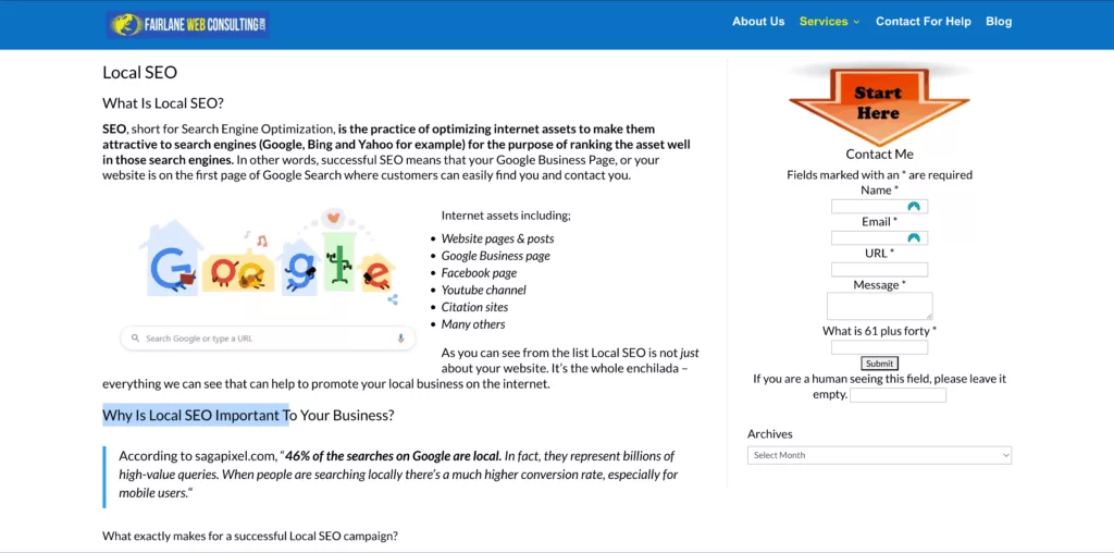 Screenshot from Fairlane Web Consulting with text that defines Local SEO