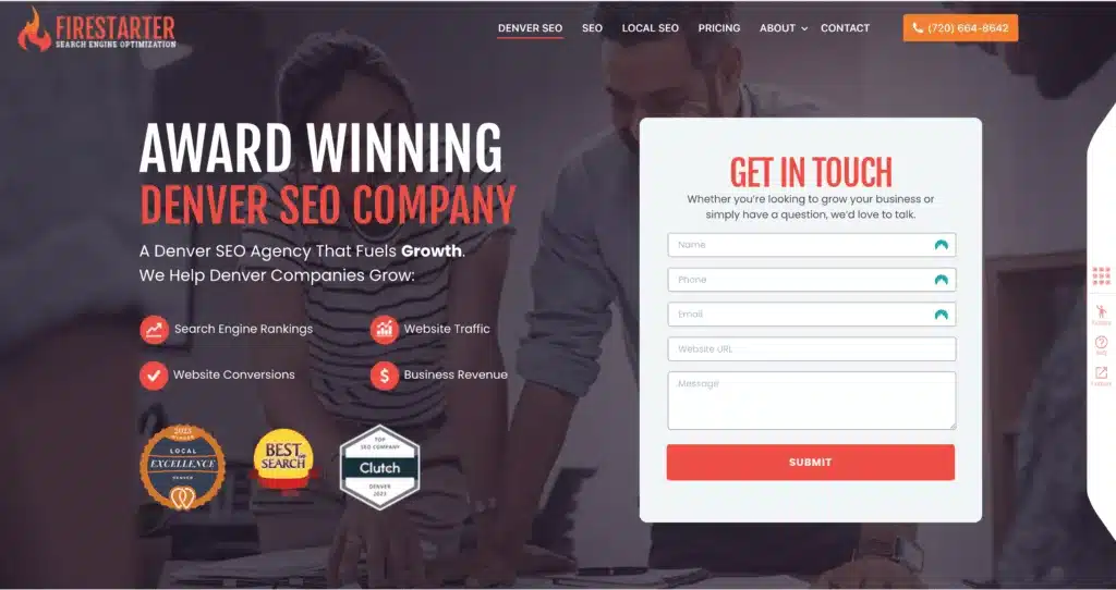 Screenshot from FirestarterSEO that says "Award Winning Denver SEO Company"