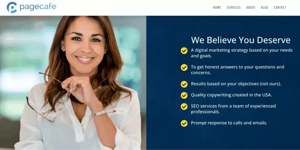 Screenshot of the "We believe you deserve" section from Pagecafe's website