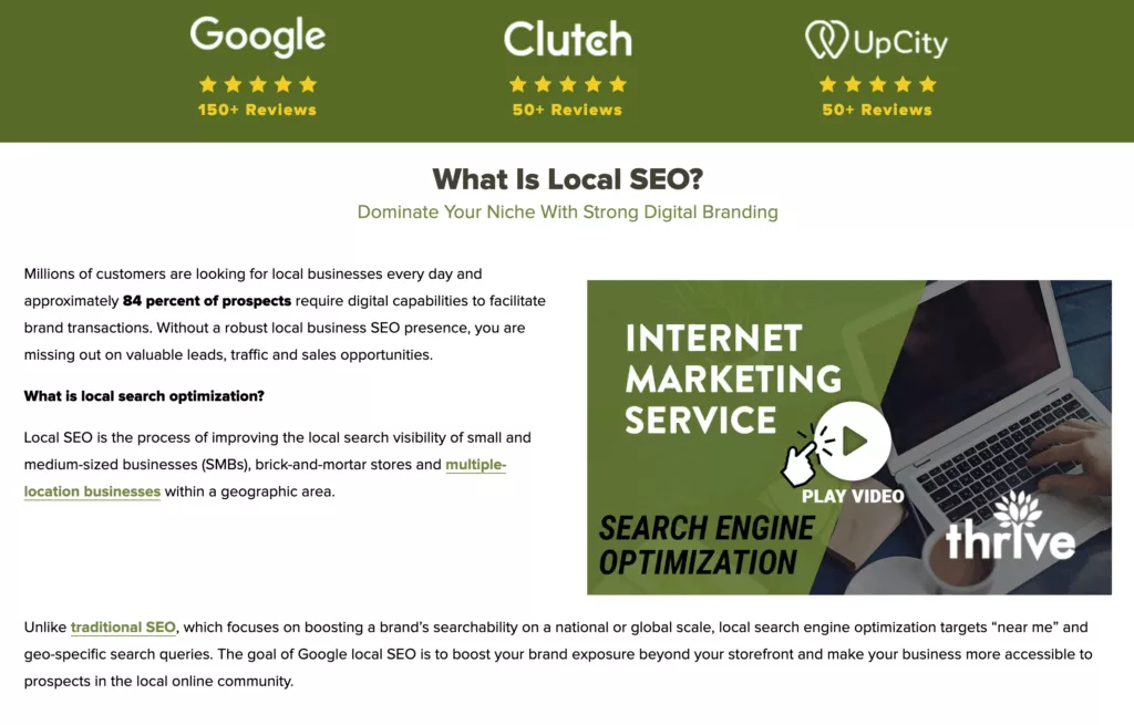 Screenshot from a digital marketing solutions landing page from Thrive Agency