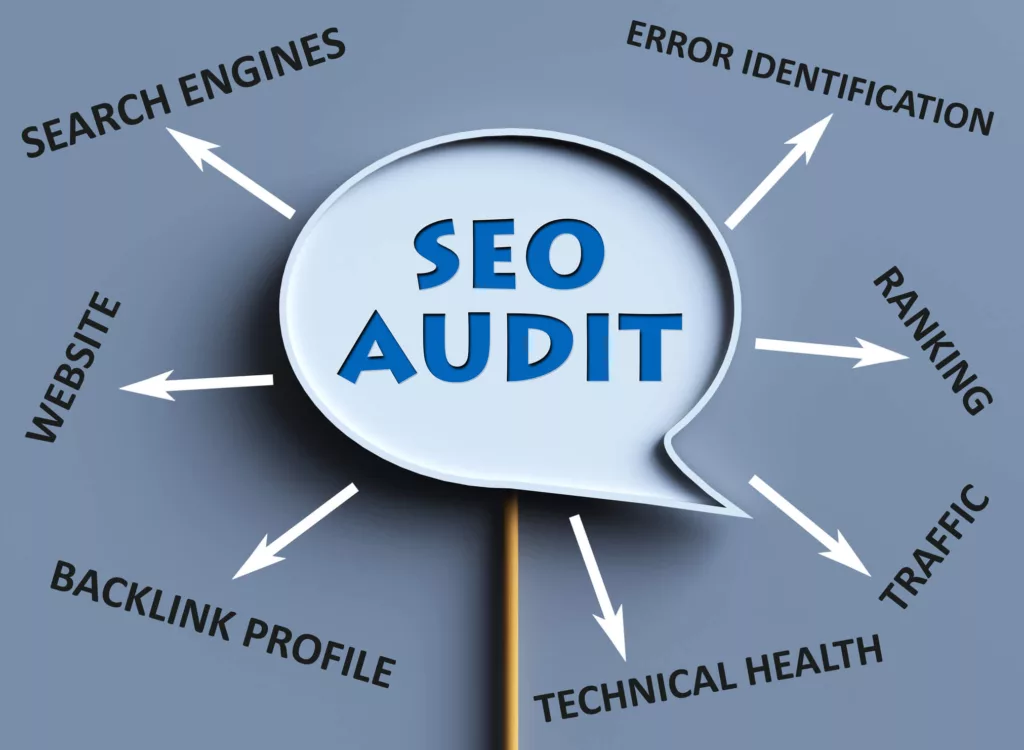 A speech bubble that says "SEO audit" with arrows pointing at different parts of the audit (error identification, search engines, website, etc).
