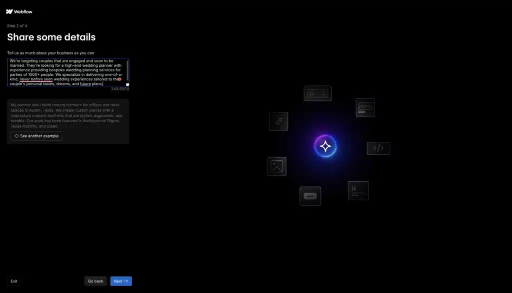 Screenshot showing the prompting process for Webflow AI