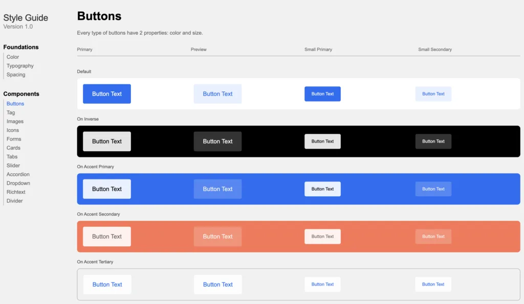 Screenshot showing button styles within the style guide for a site built with Webflow AI