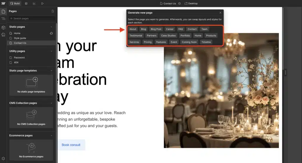 Screenshot showing how to generate additional pages with Webflow AI
