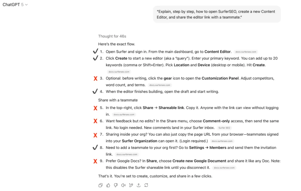 ChatGPT sample instructions for Surfer