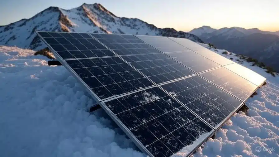 Second sample image generated with Grok of solar panels on a snowy mountain