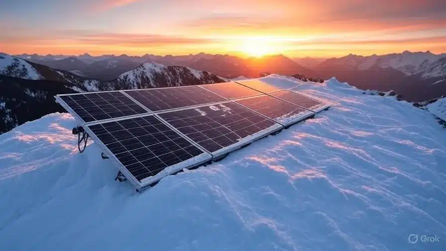 Sample image generated with Grok of solar panels on a snowy mountain