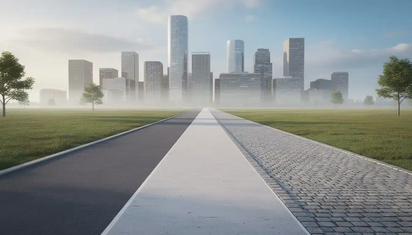 The image depicts three distinct pathways converging into a single road that leads toward a vibrant city skyline, symbolizing the merging of different search engines and optimization strategies, such as traditional SEO and answer engine optimization (AEO). The scene highlights the journey toward enhanced visibility and traffic in the evolving landscape of digital search.