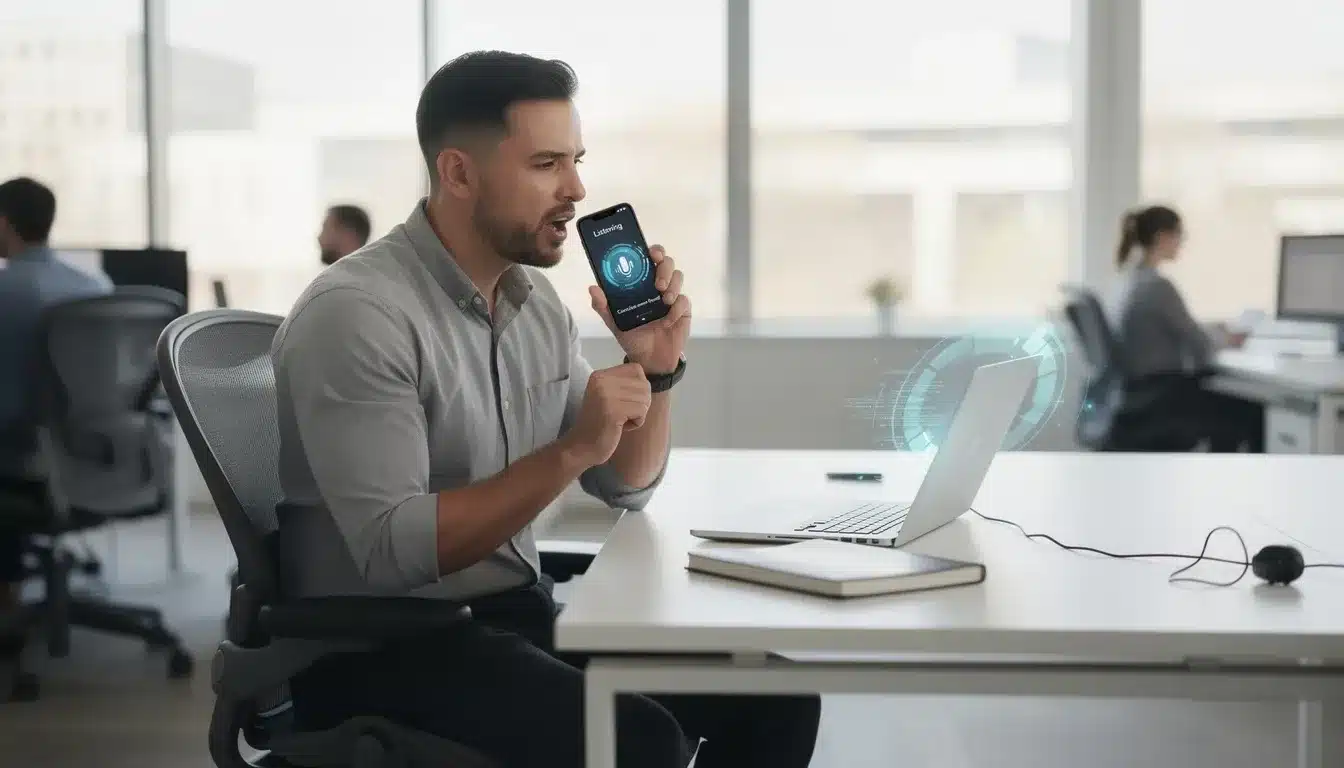 A man in a modern office is engaged in a conversation with a smartphone AI voice assistant, using voice search technology to receive concise answers to his user queries. This interaction highlights the efficiency of AI-powered answer engines in providing direct responses, unlike traditional search engines.
