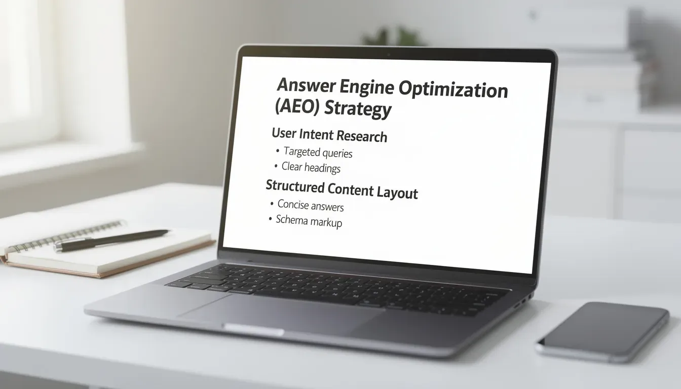 The image shows a laptop screen featuring a well-organized content document with clear headings and bullet points, designed to illustrate structured data. This arrangement is crucial for improving online visibility and enhancing SEO strategies, specifically in the realm of answer engine optimization (AEO) for effectively addressing user queries.
