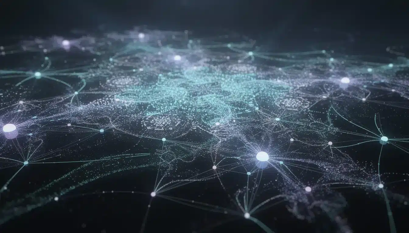 The image depicts a network of interconnected glowing nodes symbolizing artificial intelligence connections and knowledge sharing, illustrating how AI systems can optimize search behavior and enhance answer engine optimization (AEO). This visualization highlights the integration of AI tools and generative engines in improving content visibility and generating direct responses for users.