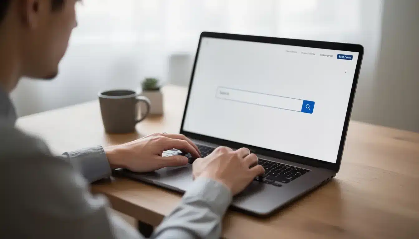 A person is sitting at a desk, intently using a laptop with a search interface displayed on the screen, showcasing search engine results and search queries. This scene highlights the importance of search engine optimization and keyword research in enhancing search visibility and user experience.
