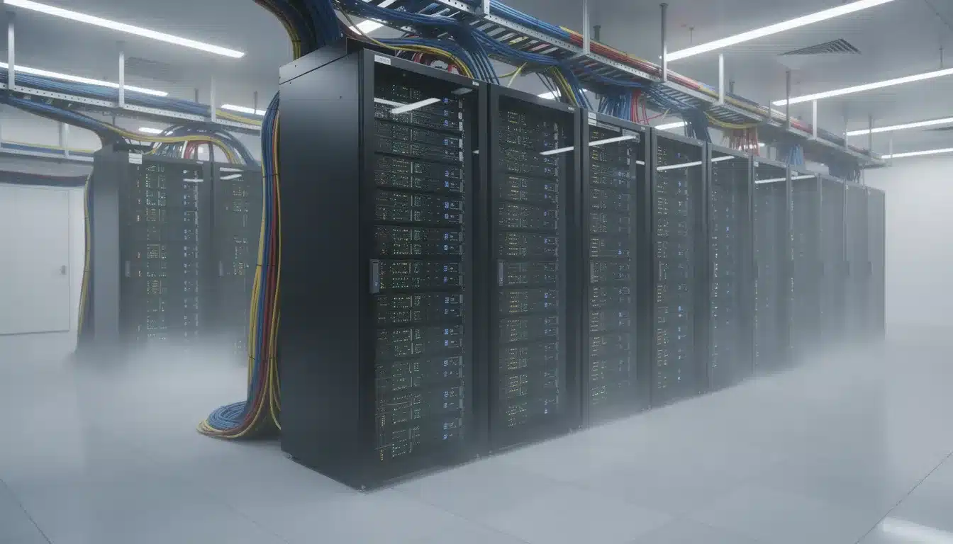 The image depicts a server room filled with rows of servers, illuminated by blinking lights, and organized cable infrastructure. This high-tech environment is essential for optimizing site speed and ensuring efficient search engine performance.