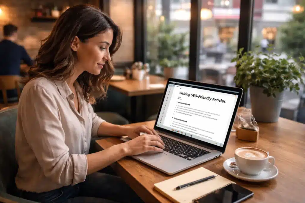A woman working on an SEO article.