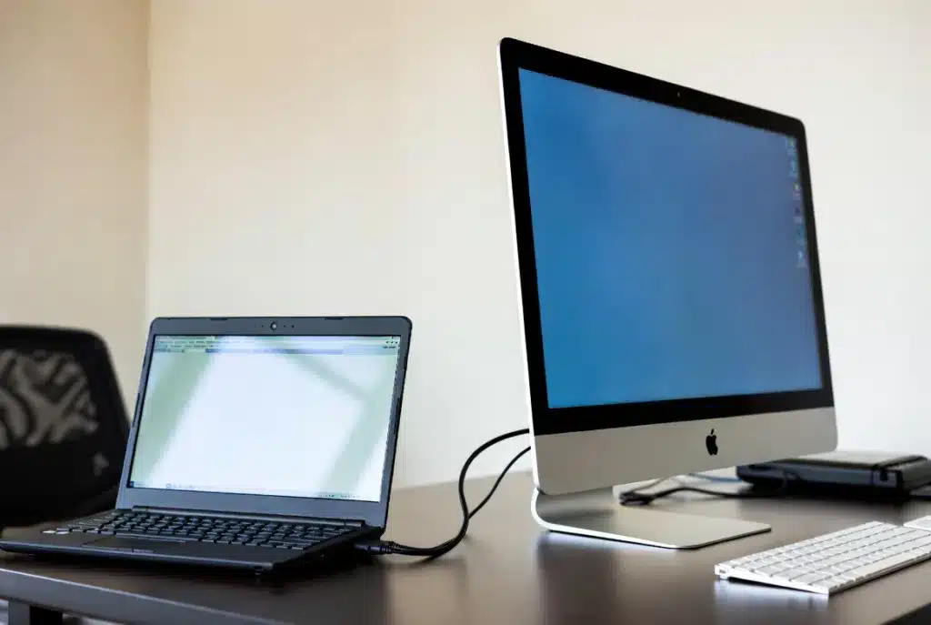 Two computers connected by a cord.