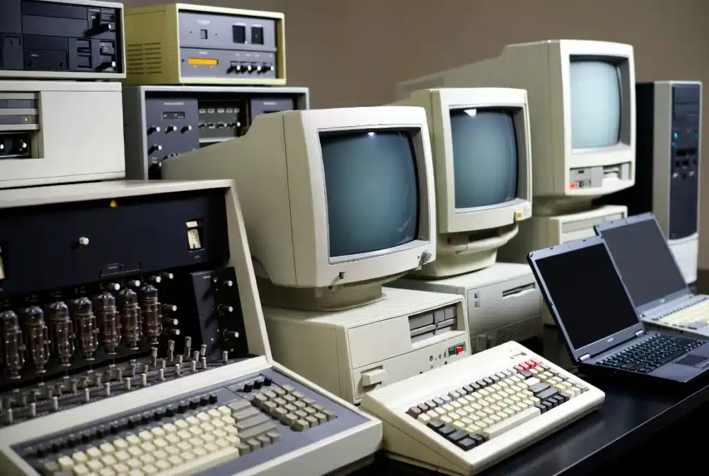 Computers on a desk, from old to new.