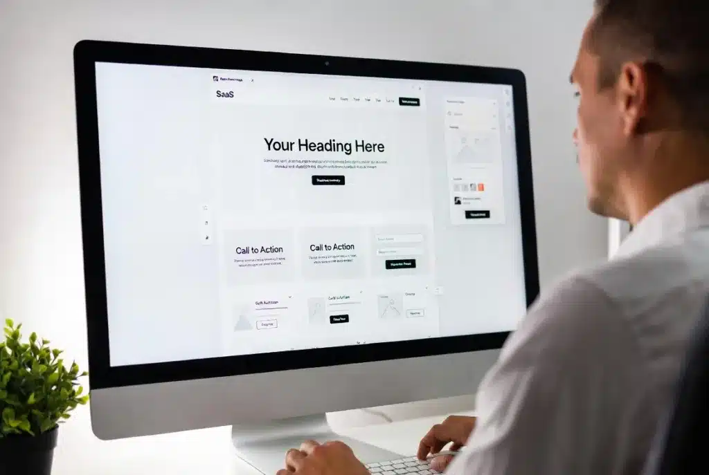 A designer working in a visual drag-and-drop web interface on a large monitor. The screen shows a clean SaaS homepage layout being assembled. No coding visible. The designer looks confident and in control. Bright, minimal workspace.